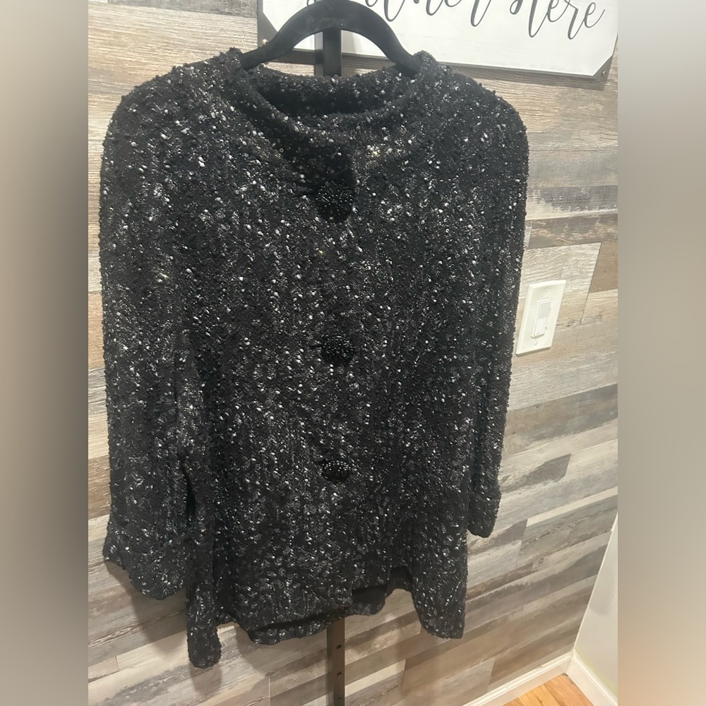 JM Collection Black and White Textured Jacket with beautiful beaded large button